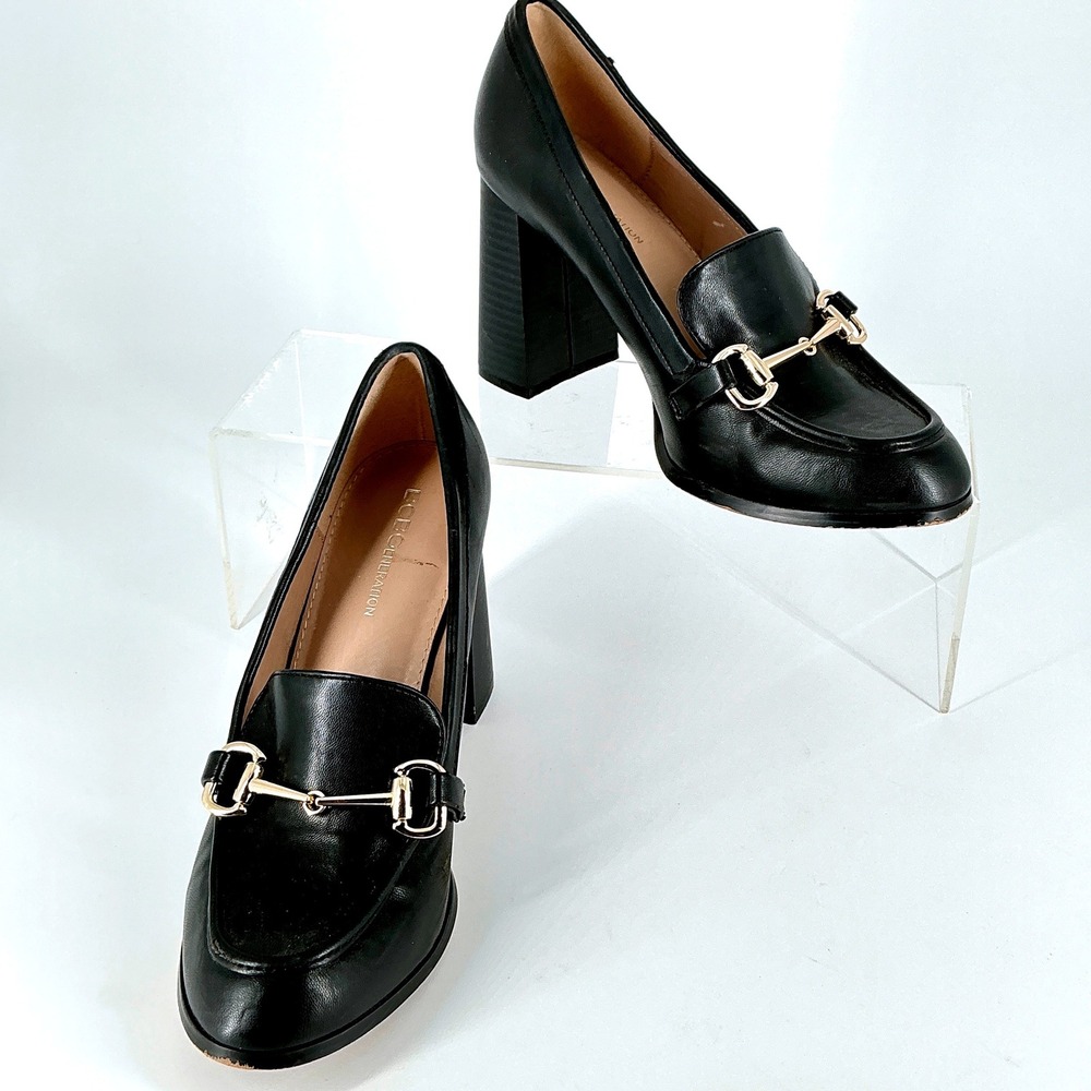 BCBGeneration Size 9 Black Block Heel Loafer Pumps Gold Horsebit Womens YIXY - Picture 3 of 12